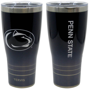 30 oz navy hombre tumbler front & back views, Athletic Logo and vertical Penn State